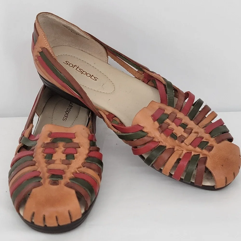 Softspots Womens 12 W Huarache Flats Multi Color Woven Leather Shoes